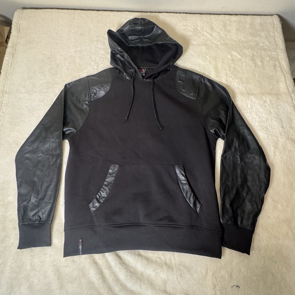 Enyce XL Black Hoodie Faux Leather Trim Pullover Sweatshirt
